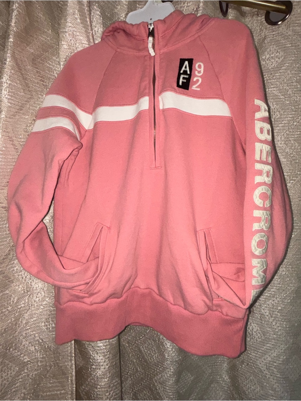 Abercrombie & Fitch Pink and White Striped Half-Zip Hoodie
